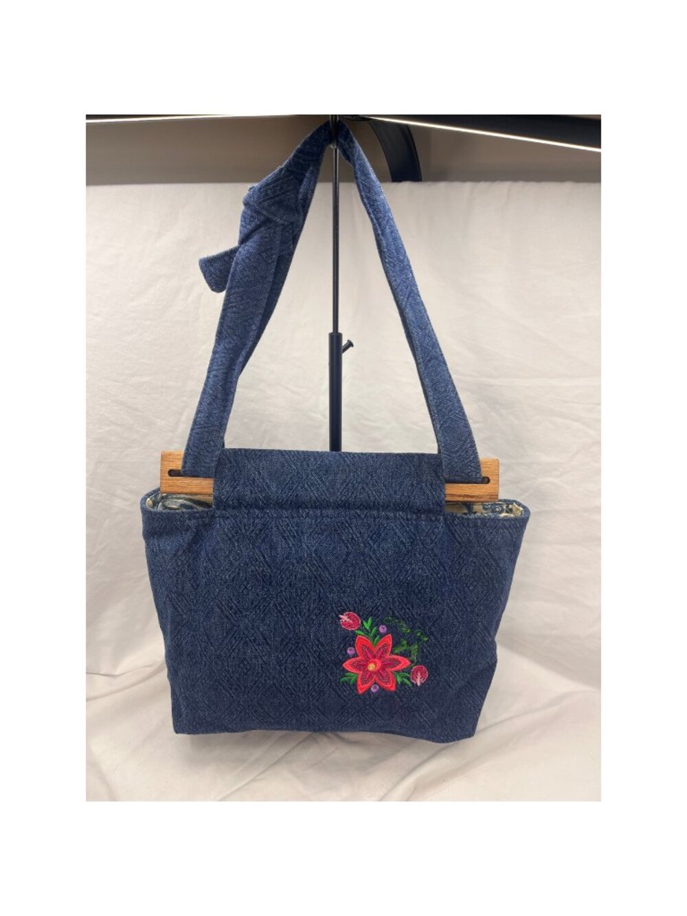 Blue Denim Floral Embroidered Shoulder Bag Wood Handle Artisan Style Tote